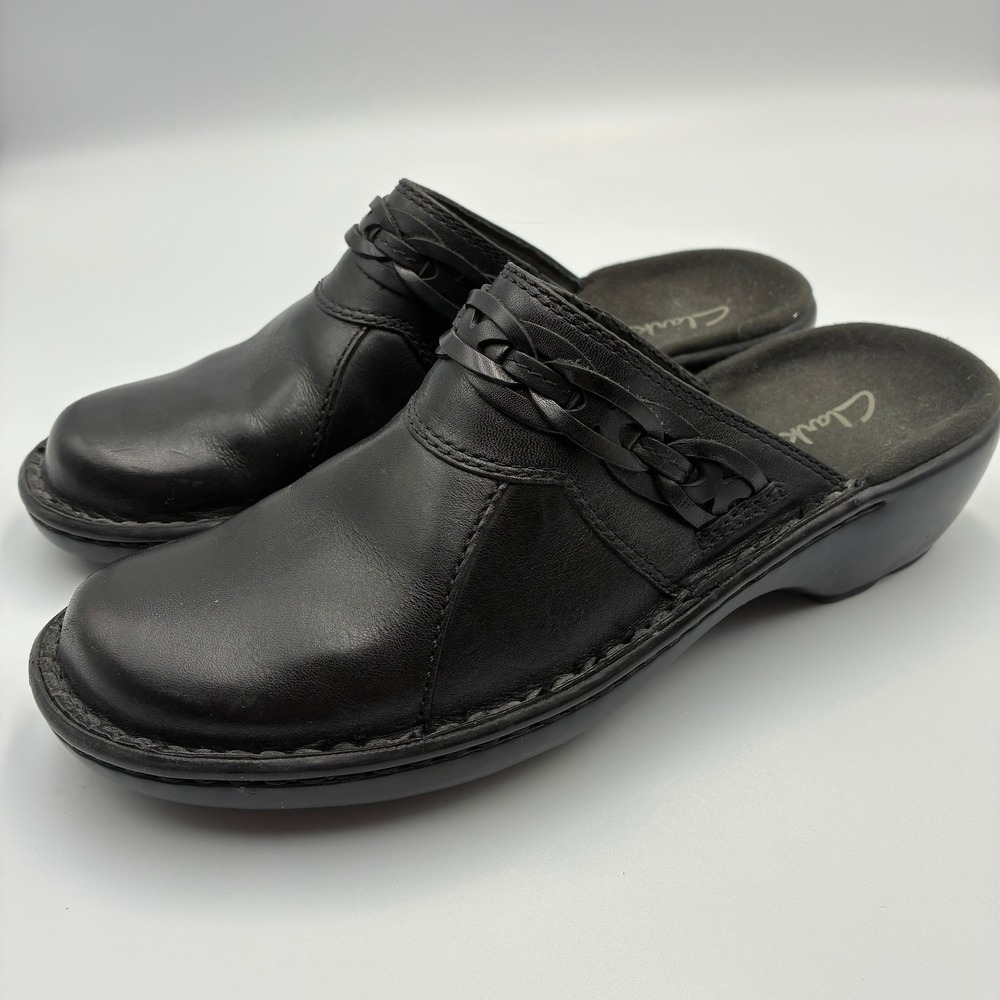 Clarks Womens Black Leather Braided Strap Clog Mules 88858 Size 6M